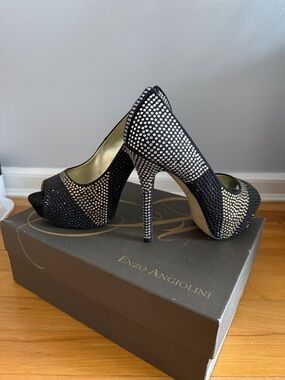 Enzo Angiolini Black and Silver Rhinestone Peep-Toe Platform Heels